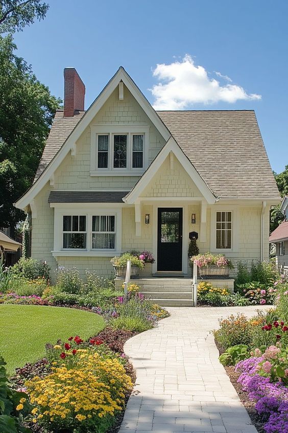 Family home exterior with garden path and cottage-style façade