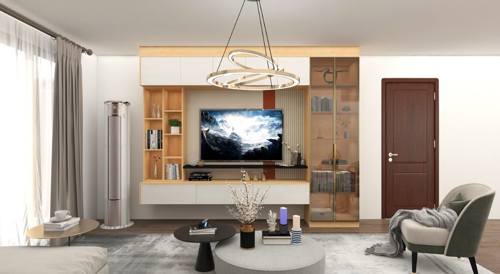 Modern apartment living room with built-in media wall and neutral palette